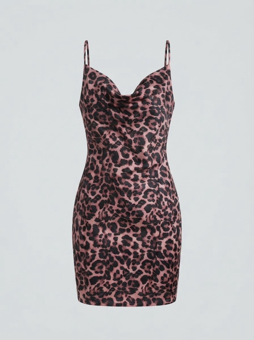 Leopard Print Cowl Neck Slip Dress in Mauve and Black
